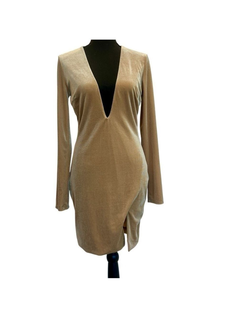 LUX LA camel tan brown velvet V-neck long sleeve mini dress bodycon cocktail L